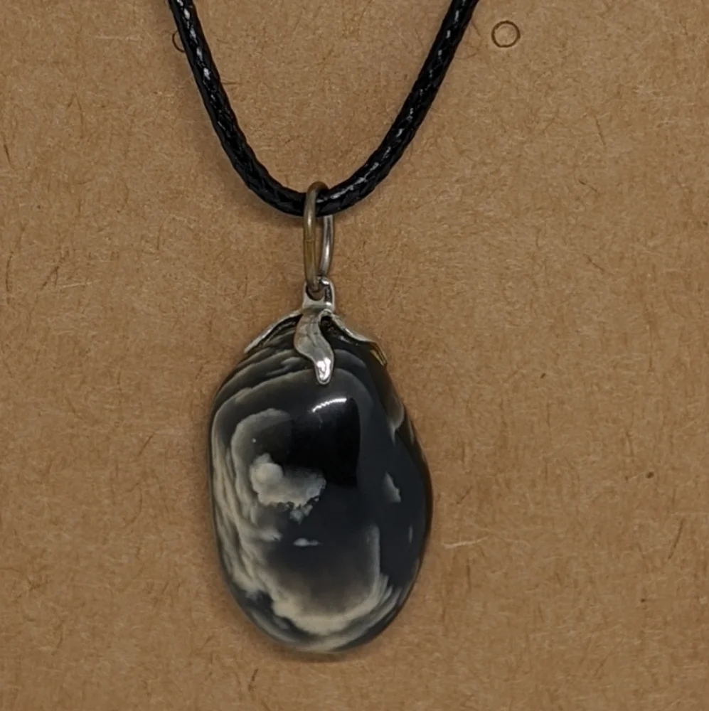 Black Agate Double Sided Pendant with Black Cord Necklace